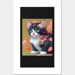 Beautiful Calico Kitten with Flowers - Modern Digital Art Posters and Art